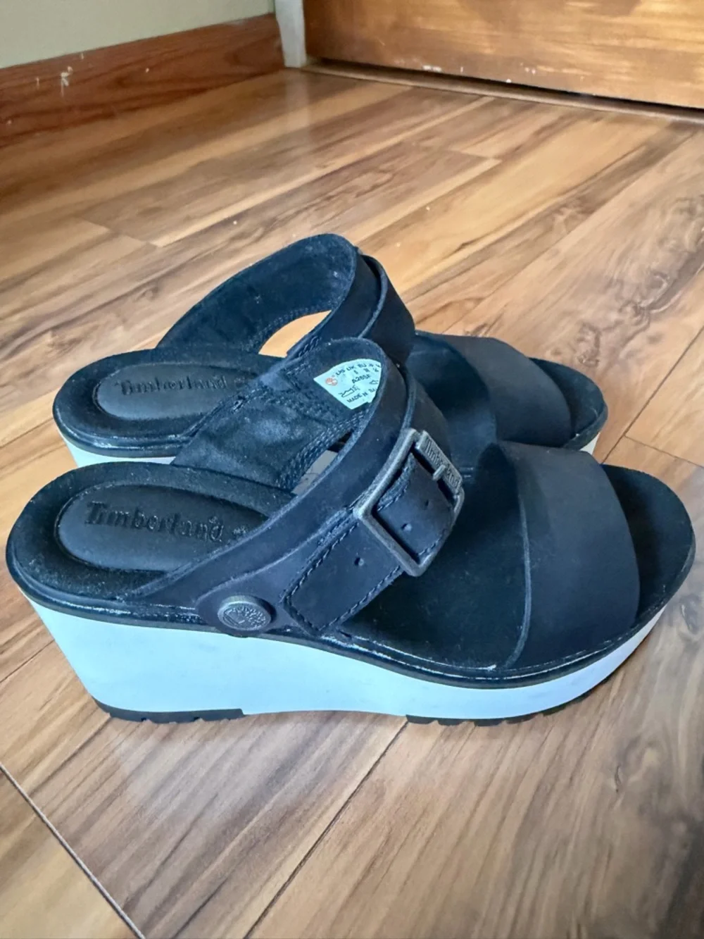 Timberland Koralyn Black Suede Two-Strap Platform Sandals